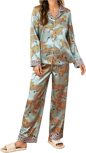 WDIRARA Women's 2 Piece Leopard Satin Pajama Set Long Sleeve Button Up Pants Sleepwear in Saudi Arabia