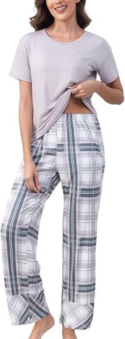 PNAEONG Womens Pajama Sets Comfy Pj Sets Short Sleeve Crew Neck Top and Plaid Long Pants Loungewear Sleepwear in Kuwait