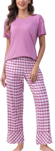 PNAEONG Womens Pajama Sets Comfy Pj Sets Short Sleeve Crew Neck Top and Plaid Long Pants Loungewear Sleepwear in Saudi Arabia