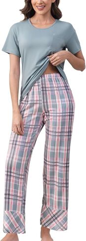 PNAEONG Womens Pajama Sets Comfy Pj Sets Short Sleeve Crew Neck Top and Plaid Long Pants Loungewear Sleepwear in Saudi Arabia