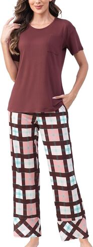 PNAEONG Womens Pajama Sets Comfy Pj Sets Short Sleeve Crew Neck Top and Plaid Long Pants Loungewear Sleepwear in Saudi Arabia