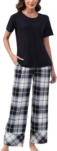 PNAEONG Womens Pajama Sets Comfy Pj Sets Short Sleeve Crew Neck Top and Plaid Long Pants Loungewear Sleepwear in Saudi Arabia