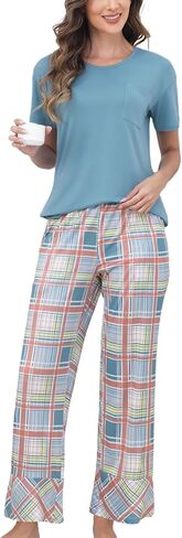 PNAEONG Womens Pajama Sets Comfy Pj Sets Short Sleeve Crew Neck Top and Plaid Long Pants Loungewear Sleepwear in Saudi Arabia
