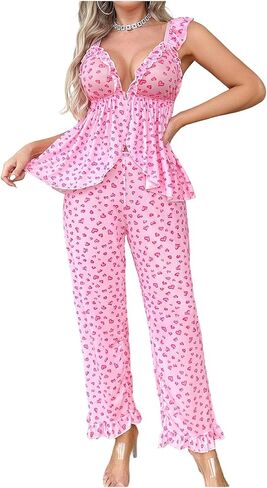 SHENHE Women's 2 Piece Heart Print Pajama Set Mesh Ruffle Sexy Lingerie Set in Saudi Arabia