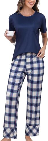 PNAEONG Womens Pajama Sets Comfy Pj Sets Short Sleeve Crew Neck Top and Plaid Long Pants Loungewear Sleepwear in Saudi Arabia