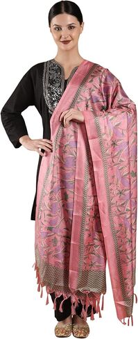 Exotic India Shawl Wraps Dupatta for Women Banglori Satin Birds And Leaf Printed Dupatta with Tassels in Kuwait