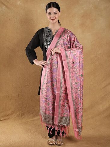 Exotic India Shawl Wraps Dupatta for Women Banglori Satin Birds And Leaf Printed Dupatta with Tassels in Saudi Arabia