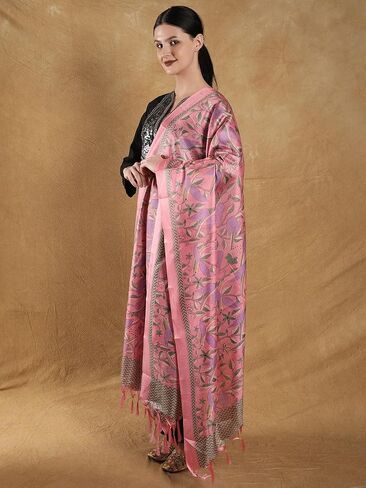 Exotic India Shawl Wraps Dupatta for Women Banglori Satin Birds And Leaf Printed Dupatta with Tassels in Saudi Arabia