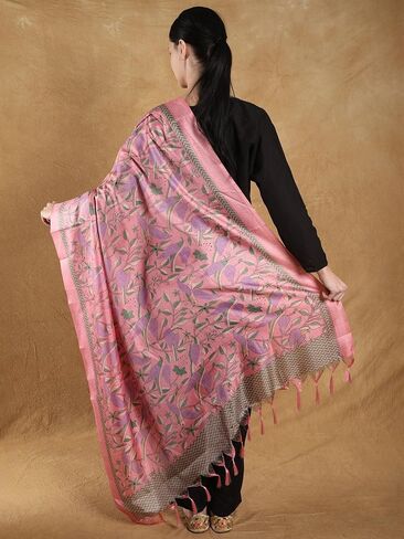 Exotic India Shawl Wraps Dupatta for Women Banglori Satin Birds And Leaf Printed Dupatta with Tassels in Saudi Arabia