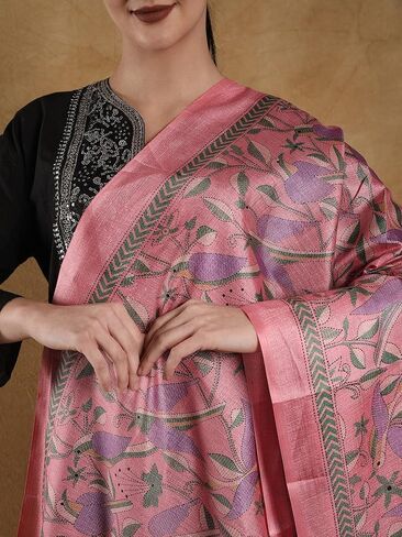 Exotic India Shawl Wraps Dupatta for Women Banglori Satin Birds And Leaf Printed Dupatta with Tassels in Saudi Arabia