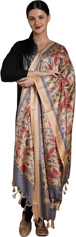 Exotic India Shawl Wraps Dupatta for Women Banglori Satin Birds And Leaf Printed Dupatta with Tassels in Saudi Arabia