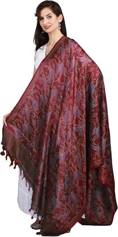 Exotic India Shawl Wraps Dupatta for Women Banglori Satin Birds And Leaf Printed Dupatta with Tassels in Saudi Arabia