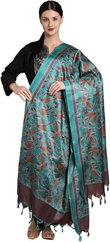 Exotic India Shawl Wraps Dupatta for Women Banglori Satin Birds And Leaf Printed Dupatta with Tassels in Saudi Arabia