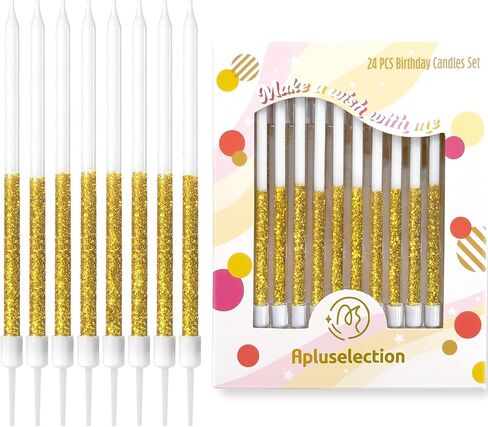 24 قطعة من شموع عيد الميلاد الذهبية اللامعة، شموع رفيعة طويلة بطول 13.97 سم مع مادة لامعة لتزيين الكيك in Kuwait