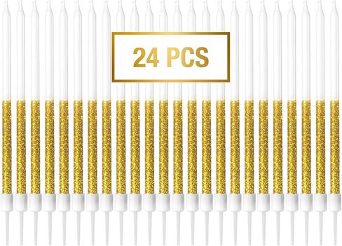 24-Pack Shiny Gold Birthday Candles, 5.5" Long Thin Candles with Glitter for Cake Decorations in Saudi Arabia