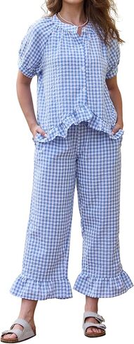 Allegra K Plaid 2 Piece Pajamas Sets for Women Cute Gingham Short Sleeve Babydoll Shirt Pants Pajama Lounge Set in Saudi Arabia
