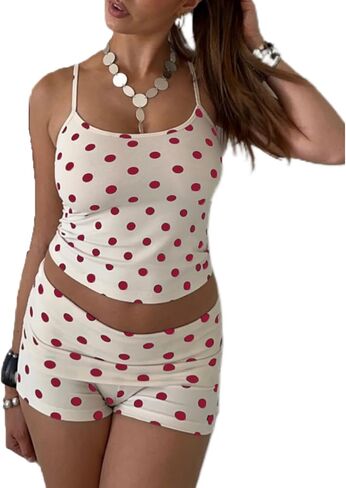 RUEWEY طقم بيجامة نسائي Y2K منقطة بدون أكمام كامي قصير نحيف بدون أكمام شورت قابل للطي للفتيات المراهقات أطقم PJ لطيفة in Kuwait