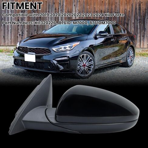 مرآة جانبية للسائق الأيسر متوافقة مع 2019 2020 2021 2022 2023 2024 Kia ​​Forte مرآة باب الرؤية الخلفية اليسرى دليل زجاج كهربائي قابل للطي أسود 3 دبابيس KI1320226 87610M7000 in Kuwait