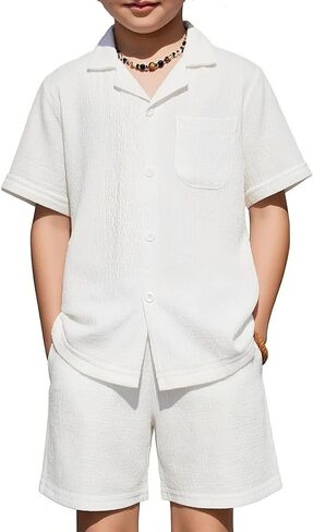 Arshiner Boys' 2-Piece Ribbed Textured Outfits Short Sleeve Cuban Collar Shirt & Shorts Set Summer Beach Clothes 4-12 Years in Kuwait