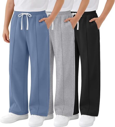 3 Pack Boy's Wide Leg Sweatpants Elastic Drawstring Open Bottom Pants Casual Baggy Athletic Joggers 5-14 Years in Kuwait