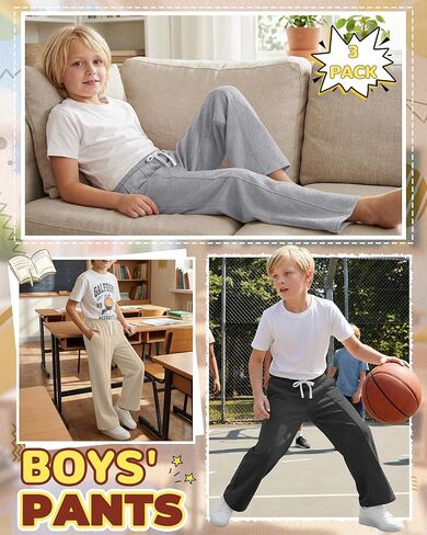 3 Pack Boy's Wide Leg Sweatpants Elastic Drawstring Open Bottom Pants Casual Baggy Athletic Joggers 5-14 Years in Saudi Arabia