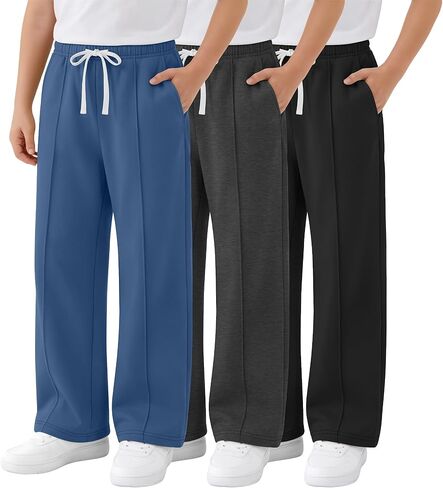 3 Pack Boy's Wide Leg Sweatpants Elastic Drawstring Open Bottom Pants Casual Baggy Athletic Joggers 5-14 Years in Saudi Arabia