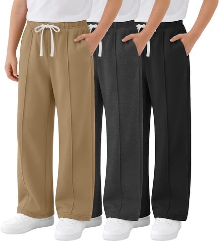 3 Pack Boy's Wide Leg Sweatpants Elastic Drawstring Open Bottom Pants Casual Baggy Athletic Joggers 5-14 Years in Saudi Arabia