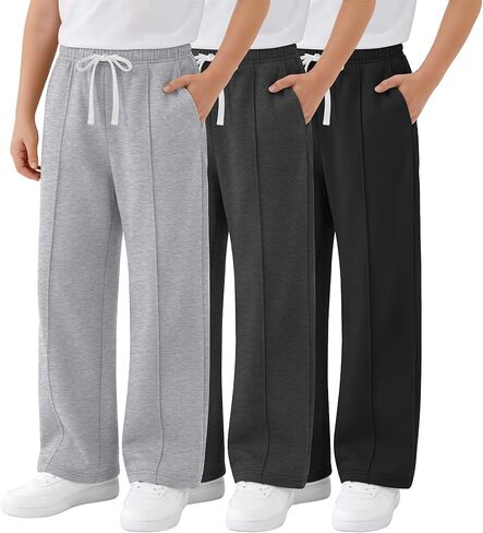 3 Pack Boy's Wide Leg Sweatpants Elastic Drawstring Open Bottom Pants Casual Baggy Athletic Joggers 5-14 Years in Saudi Arabia