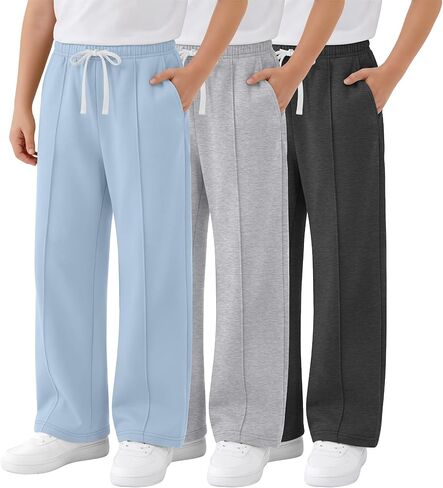 3 Pack Boy's Wide Leg Sweatpants Elastic Drawstring Open Bottom Pants Casual Baggy Athletic Joggers 5-14 Years in Saudi Arabia