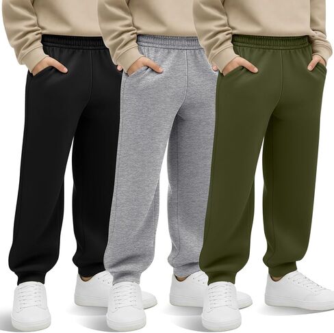 3 Pack Boys' Jogger Sweatpants Athletic Elastic Waistband Joggers Kids Active Pants with Pockets Size 6-16 in Saudi Arabia