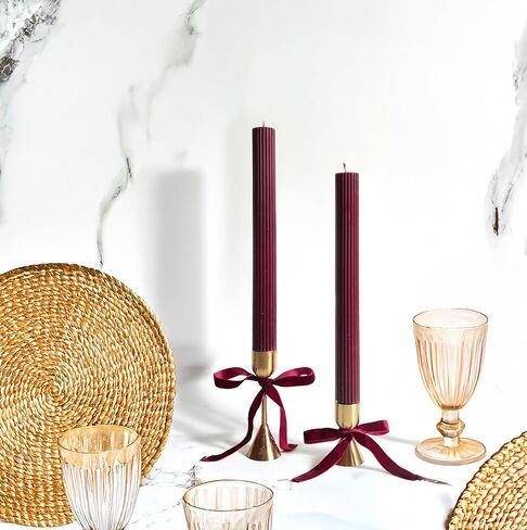 2 Pack | 10" Premium Unscented Ribbed Wick Taper Candles, Tall Ribbon Wax Dinner Unscented Modern Home Décor Soy Wax Handmade 12 Hours candlesticks (Burgundy) in Saudi Arabia