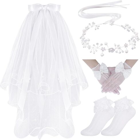 First Communion Veil Set 1st Communion Accessories Wreath Veil Headpiece Sock Necklace Bracelet for Wedding Party Costume in Kuwait
