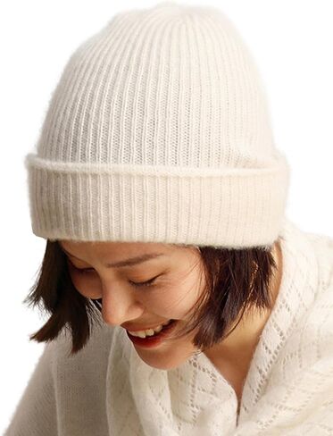 Womens Hat Winter Warm Merino Wool Cashmere Oversized Ribbed Cuffed Beanie in Kuwait