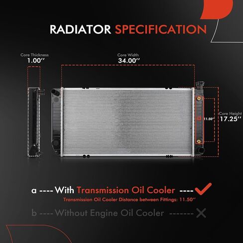 A-Premium Engine Coolant Radiator with Transmission Oil Cooler Compatible with Chevy C1500 1996-1999, K1500 1996-1999 & GMC C1500 / C2500 / C3500 96-99, K2500 in Saudi Arabia