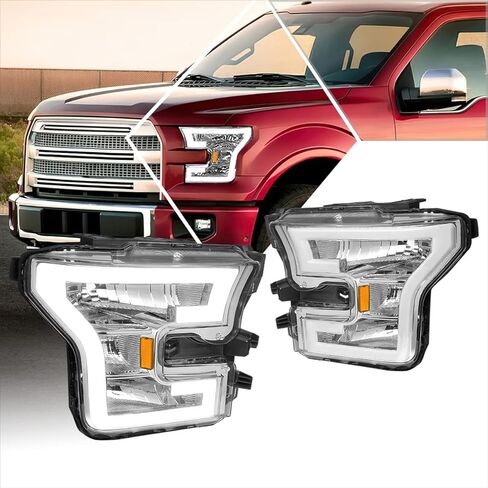 مجموعة تجميع المصابيح الأمامية LED DRL (المصابيح الأمامية) متوافقة مع Ford F150 2015-2017، غطاء أسود/زاوية كهرمانية in Saudi Arabia