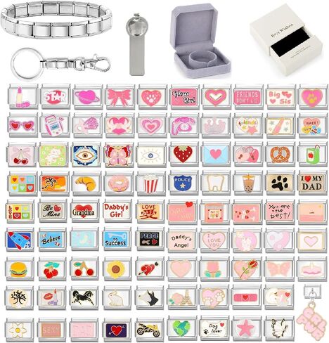 papasgix Custom Italian Charm Bracelet Charms Silver Set 10 Personalized Stainless Steel Charm Brascelets 9mm Assorted Italian Charms Bracelet Links Handmade DIY Jewelry Pink in Saudi Arabia