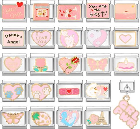 papasgix Custom Italian Charm Bracelet Charms Silver Set 10 Personalized Stainless Steel Charm Brascelets 9mm Assorted Italian Charms Bracelet Links Handmade DIY Jewelry Pink in Saudi Arabia