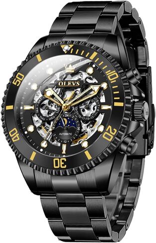 OLEVS Mens Automatic Mechanical Watches Luxury Diamond Wristwatch Black Self Winding Skeleton Tourbillon Stainless Steel in Saudi Arabia