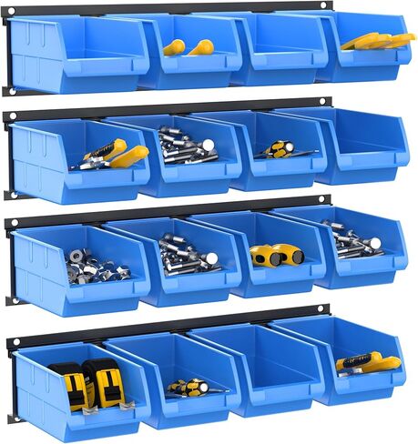 TORACK Wall-Mounted Storage Bins - 8 Plastic Bins & 2 Metal Tracks for Tools Organization in Garage, Craft Room, and Shop in Saudi Arabia