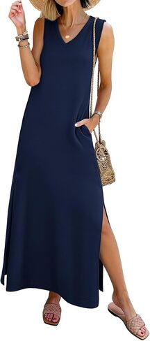 ANRABESS Womens Summer Casual V Neck Sleeveless Tank Maxi Dress Split Wrinkle-Free Beach Vacation Sundress Cruise Outfits in Saudi Arabia
