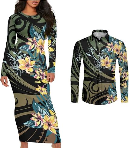 Polynesian Tribal Clothing Samoa Colorful Tapa Flower Print Custom Couple Matching Outfits Club Dress Men Shirt ﻿ in Kuwait