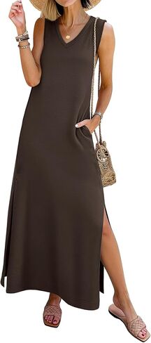 ANRABESS Womens Summer Casual V Neck Sleeveless Tank Maxi Dress Split Wrinkle-Free Beach Vacation Sundress Cruise Outfits in Saudi Arabia