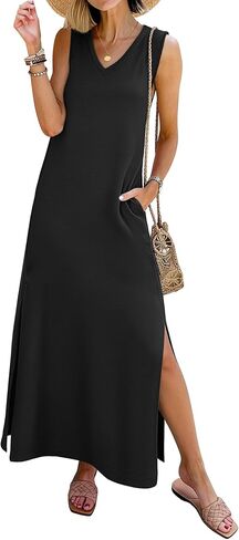ANRABESS Womens Summer Casual V Neck Sleeveless Tank Maxi Dress Split Wrinkle-Free Beach Vacation Sundress Cruise Outfits in Saudi Arabia