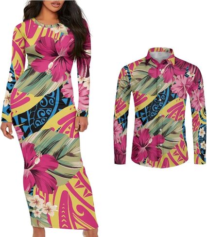 Polynesian Tribal Clothing Samoa Colorful Tapa Flower Print Custom Couple Matching Outfits Club Dress Men Shirt ﻿ in Kuwait