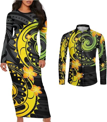Polynesian Tribal Clothing Samoa Colorful Tapa Flower Print Custom Couple Matching Outfits Club Dress Men Shirt ﻿ in Kuwait