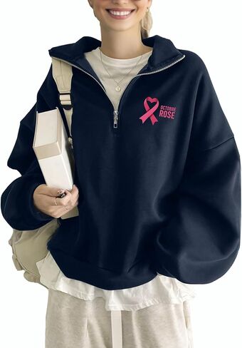 Womens Quarter Zip Oversized Sweatshirts Comfy Fashion Mock Neck Pullover Hoodies Breast Cancer Awareness Winter Tops in Saudi Arabia