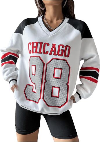SweatyRocks Women's Color Block Number Graphic Long Sleeve Sweatshirts V Neck Loose Pullover Tops in Saudi Arabia
