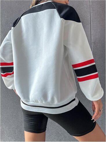 SweatyRocks Women's Color Block Number Graphic Long Sleeve Sweatshirts V Neck Loose Pullover Tops in Saudi Arabia