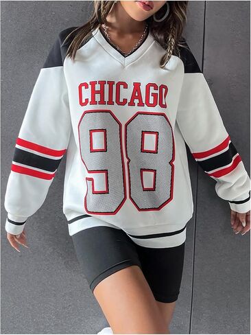 SweatyRocks Women's Color Block Number Graphic Long Sleeve Sweatshirts V Neck Loose Pullover Tops in Saudi Arabia