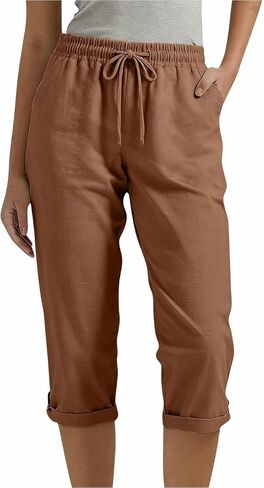 Women's Linen Capri Pants High Waisted Drawstring Cropped Trousers with Pockets Cotton Cargo Joggers Vacation Outfits in Kuwait